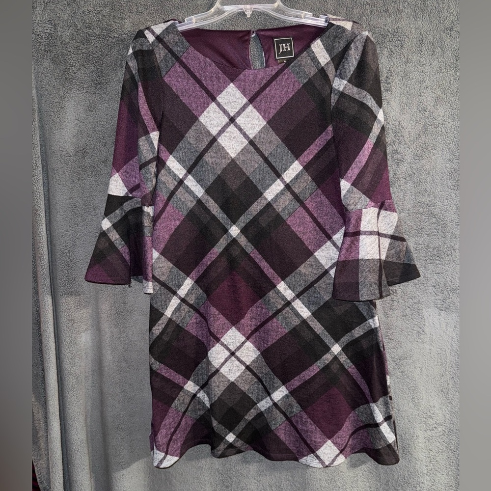 JH Purple Plaid Dress With Bell Sleeves Size Medium
